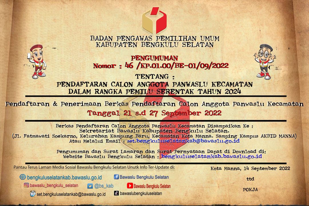 Pengumuman Rekrutmen Panwaslu Kecamatan Tahun 2022